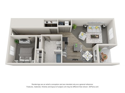 Floor plan for 1 bed, 1 bath, 693 sqft